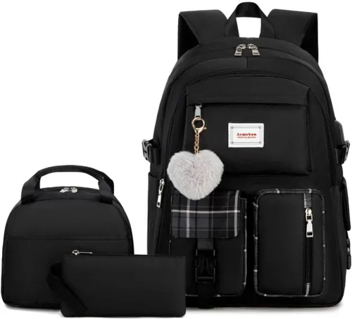Acmebon Conjunto de mochila para portátil de moda espaciosa para niña, conjunto casual de mochila para mujer, color negro