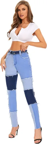 Miniatura 5 de Dxyufazhe Jeans elásticos de cintura alta para mujer, pantalones de mezclilla deshilachados a la moda