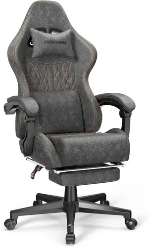 Ferghana Silla vintage de piel sintética para videojuegos, silla de jugador con respaldo alto con masaje, silla ergonómica de oficina para Gris Acero