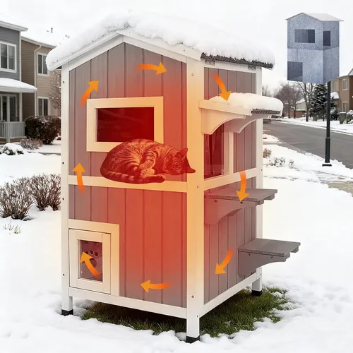 Miniatura 10 de Casa cálida aislada para gatos de 2 pisos, refugio resistente a la intemperie para gatos con 2 plataformas, capas térmicas, 2 puertas de escape
