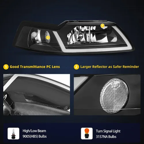 Miniatura 4 de DWVO Conjunto de Faros LED DRL Compatible con Ford Mustang 1999 2000 2001 2002 2003 2004 Reemplazo de Faros Par con Luz de Circulación Diurna