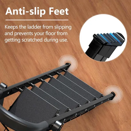Miniatura 4 de escalera ligera de aluminio, de 6 peldaños, plegable, con peldaños anchos y antideslizante para uso en el hogar y la cocina, ahorra espacio (negro)