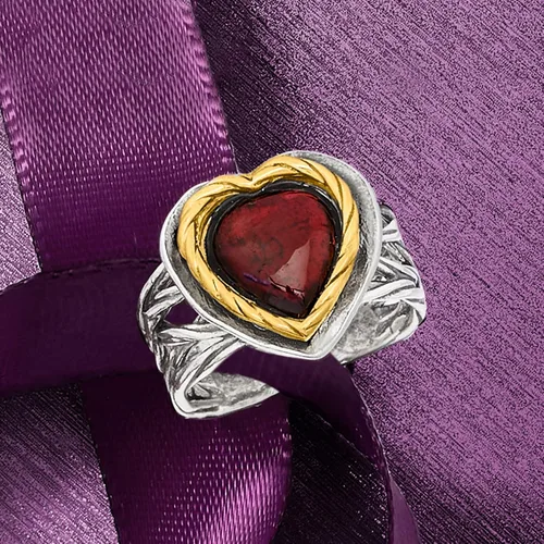 Miniatura 5 de Ross-Simons Anillo de corazón granate de 4 quilates en plata de ley y oro amarillo de 14 quilates