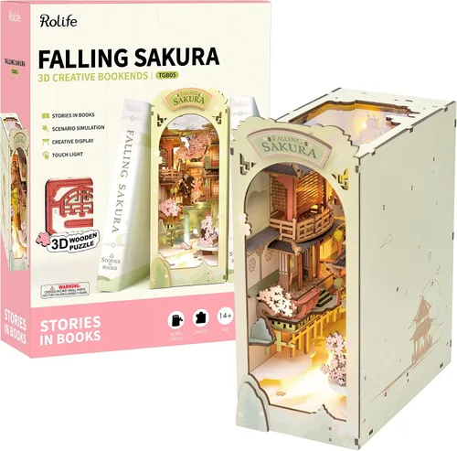 Miniatura 9 de Rolife - Kit de manualidades para rincón de lectura Falling Sakura, kit de manualidades para rincón de libros en miniatura, estante decorativo 3D
