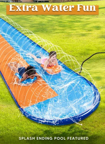 Miniatura 4 de Sloosh Toboganes de agua dobles de 22.5 pies, tobogán de césped resistente con aspersor y 2 tablas inflables, patio trasero, césped, verano, juguete