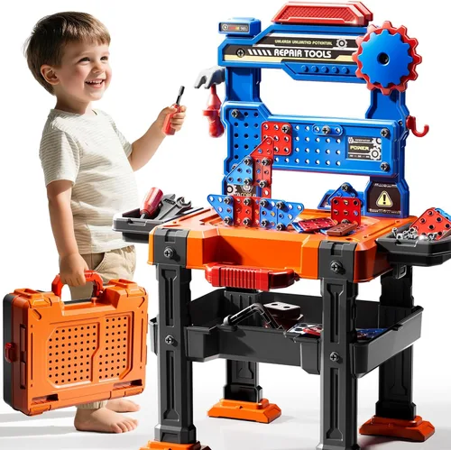 Miniatura 9 de Juego de Herramientas de Juguete para Niños de 3 4 5 6 7 8 años, Juguetes de Banco de Trabajo 2 en 1 para Niños Pequeños de 3-5 años, Caja