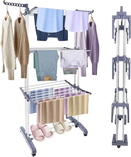 Estante de secado de ropa resistente, estante de secado de ropa plegable de 4 niveles de 70 pulgadas de alto, estante de secado independiente de
