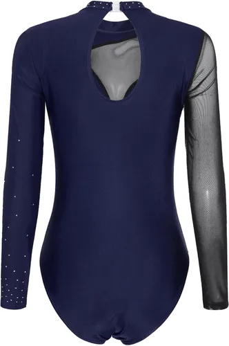 Miniatura 49 de iiniim Leotardo de malla para mujer, con diamantes de imitación, de malla, de manga larga, leotardos de gimnasia