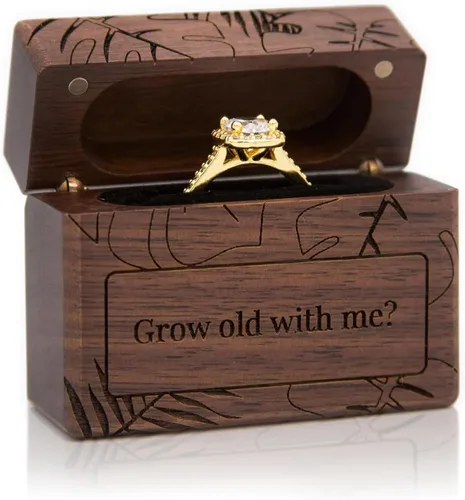 MUUJEE Grow Old With Me Engraved Wooden Ring Box, Slim Engagement Proposal Ring Holder, Wedding Ceremony Ring Bearer Box, Fiance Gift Ideas
