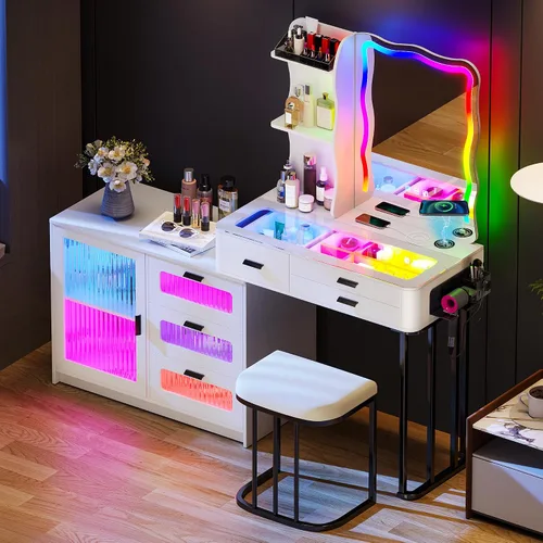 Miniatura 9 de Lvifur Escritorio de tocador 3 en 1 con espejo y luces, mesa de tocador de maquillaje con taburete acolchado, mesa de tocador compacta y escritorio