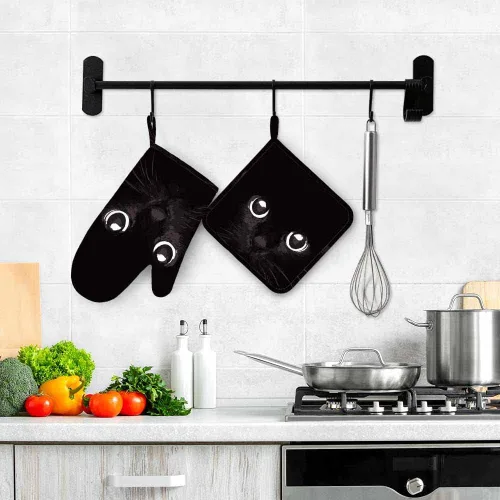 Miniatura 4 de Mxocom Manopla de horno y soporte para olla de gato negro con cabeza de gato fría de silicona, resistente al calor, para cocinar, barbacoa, hornear