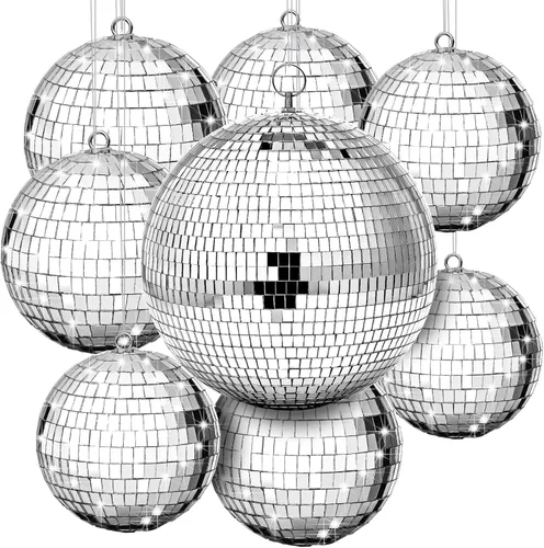Miniatura 10 de Conjunto de 8 bolas de discoteca grandes de Haull, bolas de espejo plateadas reflectantes con anillo para colgar, ornamento de fiesta, decoración