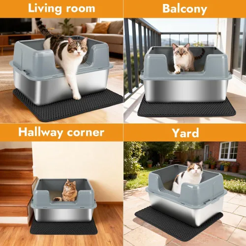 Miniatura 6 de Vivifying Caja de arena para gatos de acero inoxidable, caja de arena grande semicerrada con tapa y alfombra, bandeja de metal antifugas para una