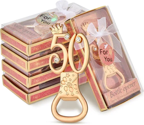 Miniatura 10 de Boao 50 unidades de abrebotellas de cumpleaños, recuerdos de fiesta, recuerdos de cumpleaños, aniversario de boda para invitados, abridor de Dorado