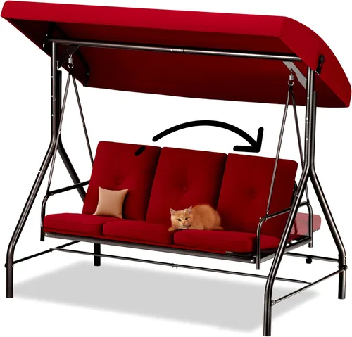 Miniatura 7 de Columpio para porche, columpio de 3 asientos para patio al aire libre con toldo para adultos, cama deslizante convertible, cojines gruesos
