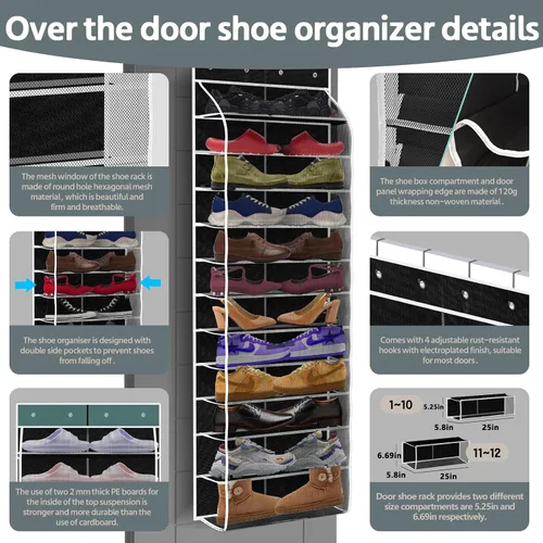 Miniatura 2 de PAULONE Organizador de zapatos de 12 bolsillos para colocar sobre la puerta, reutilizable, transpirable, bolsa grande de malla, organizador