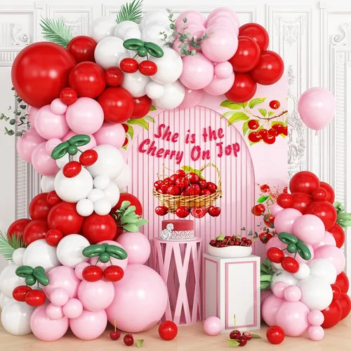Miniatura 9 de Kit de arco de guirnalda de globos de cereza azul y rojo, globos largos para niñas, cumpleaños, ella es cereza en la parte superior, baby shower