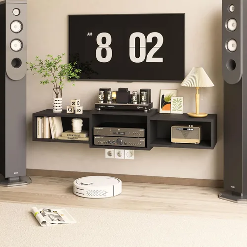 IBUYKE Soporte flotante para TV montado en la pared con toma de corriente, moderno estante de consola de madera montado en la pared, centro de