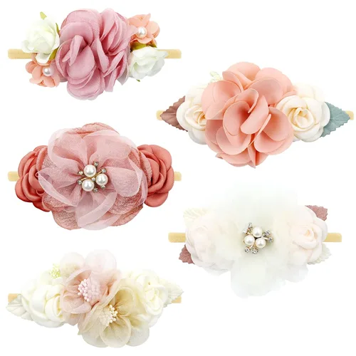 Miniatura 12 de Cinaci Paquete de 5 diademas delicadas de nailon con flores florales, accesorios para el cabello para bebés, niñas, recién nacidos, bebés y niños