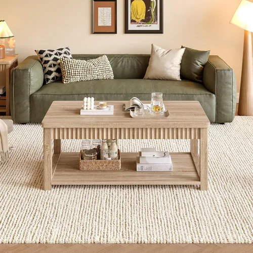 Miniatura 5 de Homkdom Mesa de café, mesas de café modernas de 39 pulgadas para sala de estar con almacenamiento de 2 niveles y borde ondulado, mesa central