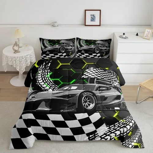 Miniatura 34 de Erosebridal Juego de edredón individual de motocicleta de carreras para niños, juego de ropa de cama de panal con luces de neón azules, motocross