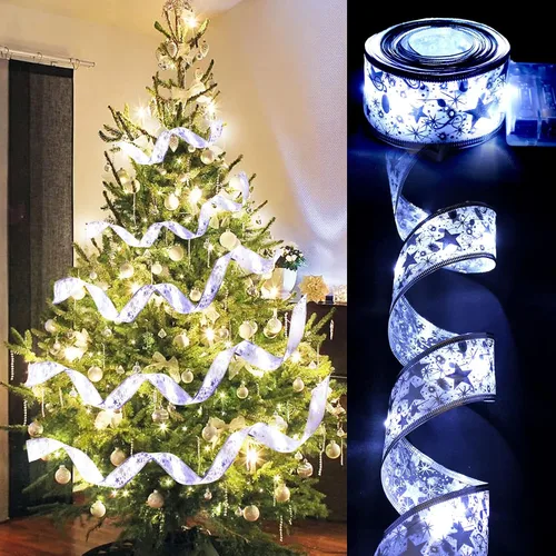 Miniatura 5 de Cinta plateada para árbol de Navidad, cinta de Navidad con cable, decoración de 32 pies (2 x 16 pies), cinta de Navidad transparente con alambre