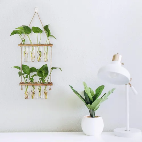 Miniatura 6 de Hyindoor Maceta Colgante de Pared Terrario Jarrón de Vidrio de 2 Niveles con Tubos de Ensayo, Estación de Propagación de Plantas, Colgadores