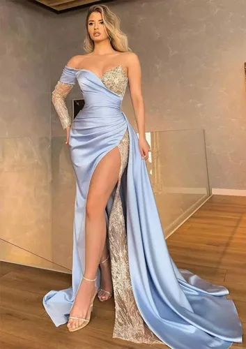 Miniatura 3 de Vestidos de fiesta de sirena con abertura, largos 2024, de un hombro, de satén, lentejuelas, vestidos de noche formales con mangas, color negro
