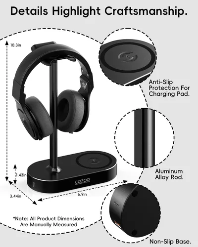 Miniatura 7 de COZOO Soporte para auriculares con almohadilla de carga inalámbrica rápida y 2 puertos de carga USB, adecuado para juegos, DJ, accesorios