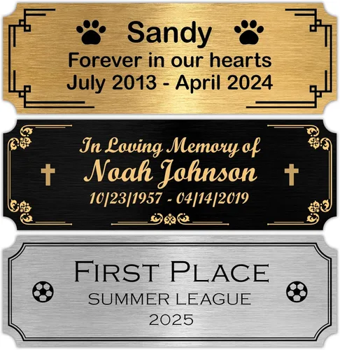 Placa de nombre grabada personalizada de 3 x 1 pulgada – Etiqueta de metal personalizada para trofeos, marco de fotos, placa, urna, caja de sombra –