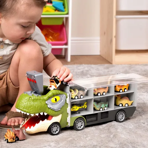 Miniatura 9 de JOYIN Juguetes de dinosaurio 13 en 1 para niños de 3 a 5 años, camión de dinosaurio con 12 autos de tracción, juguetes de regalo de cumpleaños
