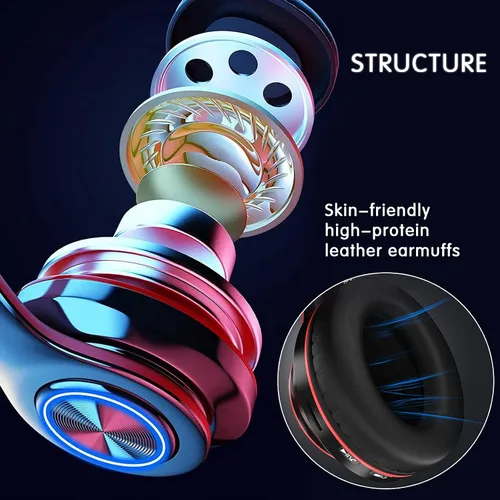 Miniatura 8 de Auriculares Bluetooth sobre la oreja, auriculares con luces LED y micrófono incorporado, ligeros, Bluetooth 5.0, auriculares HiFi estéreo