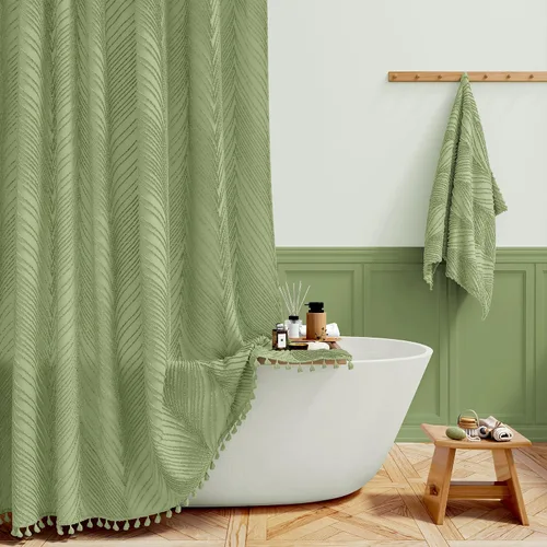 Miniatura 11 de BTTN Cortina de ducha bohemia de 36 x 72 pulgadas, con textura de hojas copetudas y borlas y 6 ganchos, cortinas de ducha modernas estilo rústico