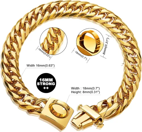 Miniatura 7 de Collar de perro de cadena de oro de 0.630 in, collar de perro de eslabones cubanos de oro de 18 quilates con hebilla de cierre seguro, cadena dorada