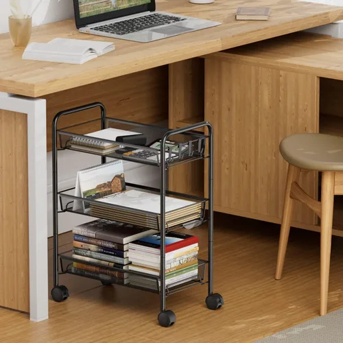 Miniatura 3 de OVICAR Carro rodante de 3 niveles de alambre de malla, carrito de almacenamiento de cocina, soporte multifunción para baño, carrito de Negro