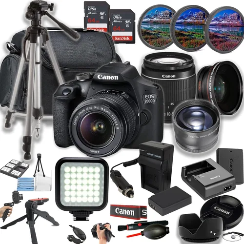 Canon EOS 2000D (Rebel T7) Cámara DSLR de 24MP con lente EF-S 0.709-2.165 in f/3.5-5.6 DC III + luz LED + memoria de 128 GB + lentes + filtros +