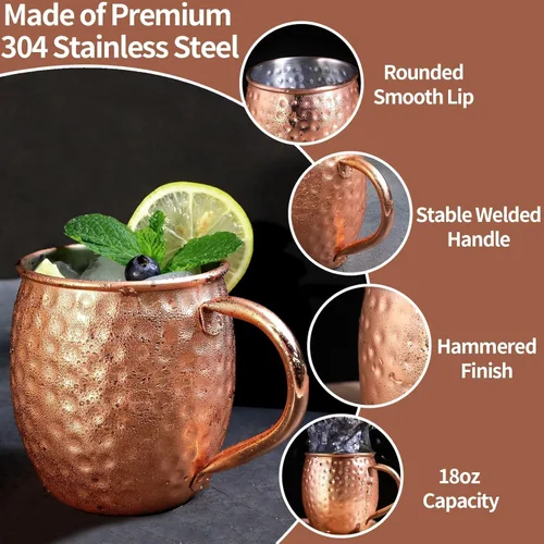 Miniatura 4 de LINALL Moscow Mule - Juego de 2 tazas de acero inoxidable chapadas en cobre de 18 onzas, para bebidas frías (2 unidades)