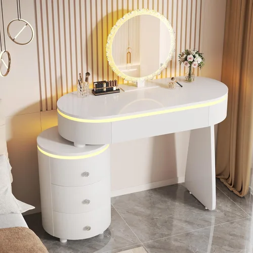 KDCAS Escritorio redondo de maquillaje con espejo y luces, escritorio moderno de piel sintética con gabinete lateral reversible, mesa de tocador