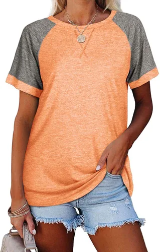Camiseta de manga corta estilo raglán con cuello redondo Camiseta holgada con secciones de color Blusas holgadas informales