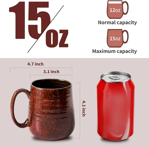 Miniatura 3 de Juego de 4 tazas de café rojas de Hasense, tazas de café de cerámica de 12 oz, taza de café con leche con mango grande para café, té, leche
