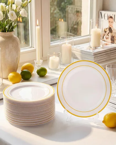 Miniatura 8 de bUCLA - 100 unidades de platos de plástico dorado - 10.25 pulgadas, platos blancos y dorados desechables para fiestas - Ideal para bodas, fiestas