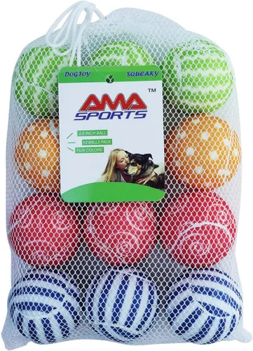 AMA SPORT Pelotas de tenis chirriantes para perros, paquete de 12 pelotas de tenis chirriantes de 2.5 pulgadas para cachorros, juguetes para perros