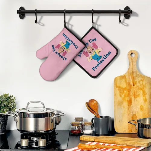 Miniatura 4 de Always Use Protection - Juego de guantes de horno y soportes para ollas, divertidos guantes de cocina retro para panaderos, regalos de inauguración