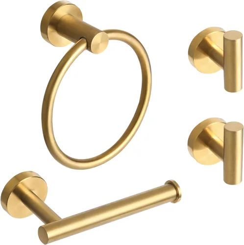 El juego de 4 piezas de accesorios de baño de acero inoxidable dorado cepillado incluye anillo para toalla de mano, soporte para papel higiénico y 2