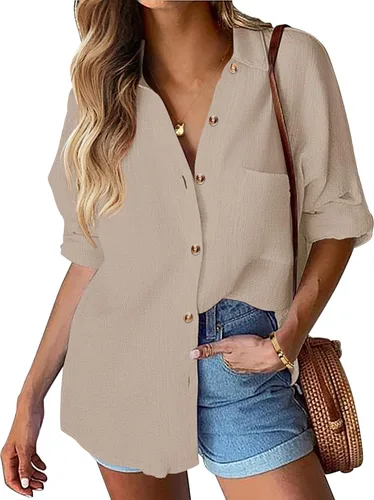 Miniatura 23 de HOTOUCH Camisa de manga larga con botones de lino para mujer, blusa de algodón casual, holgada, con cuello, para trabajo, de gasa, con bolsillo