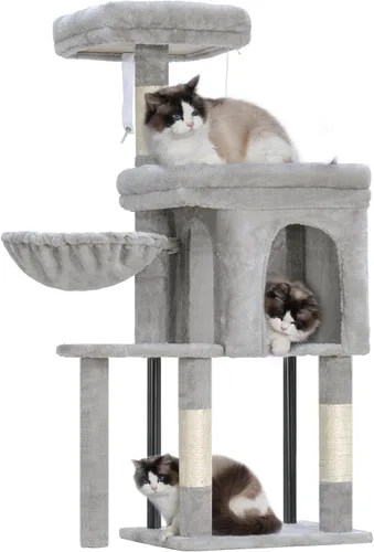 Miniatura 17 de Hey-brother Árbol para gatos, postes rascadores para gatos con cama, torre resistente con columnas totalmente envueltas en sisal y bola de juguete