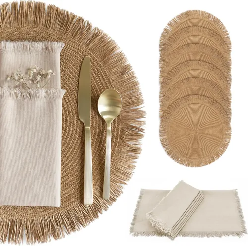 Juego de 6 manteles individuales decorativos bohemios con servilletas con textura de lino a juego - Hermosa decoración natural que realza tu comedor