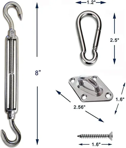 SUNNY GUARD Kit de herrajes de acero inoxidable 304 de 8 pulgadas para instalación de toldo rectangular para patio trasero, terraza, patio, jardín,
