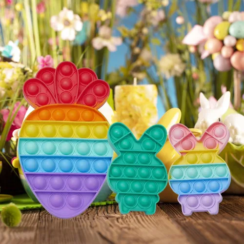 Miniatura 8 de Paquete de 3 juguetes sensoriales para ansiedad de conejo de Pascua, zanahoria y burbujas, paquete de juguetes de rompecabezas, grandes regalos