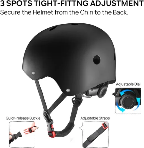 Miniatura 4 de Casco para Monopatín JBM - Casco Ligero, Ajustable y Ventilado para Patinete, Patines, Patinaje en Línea Negro